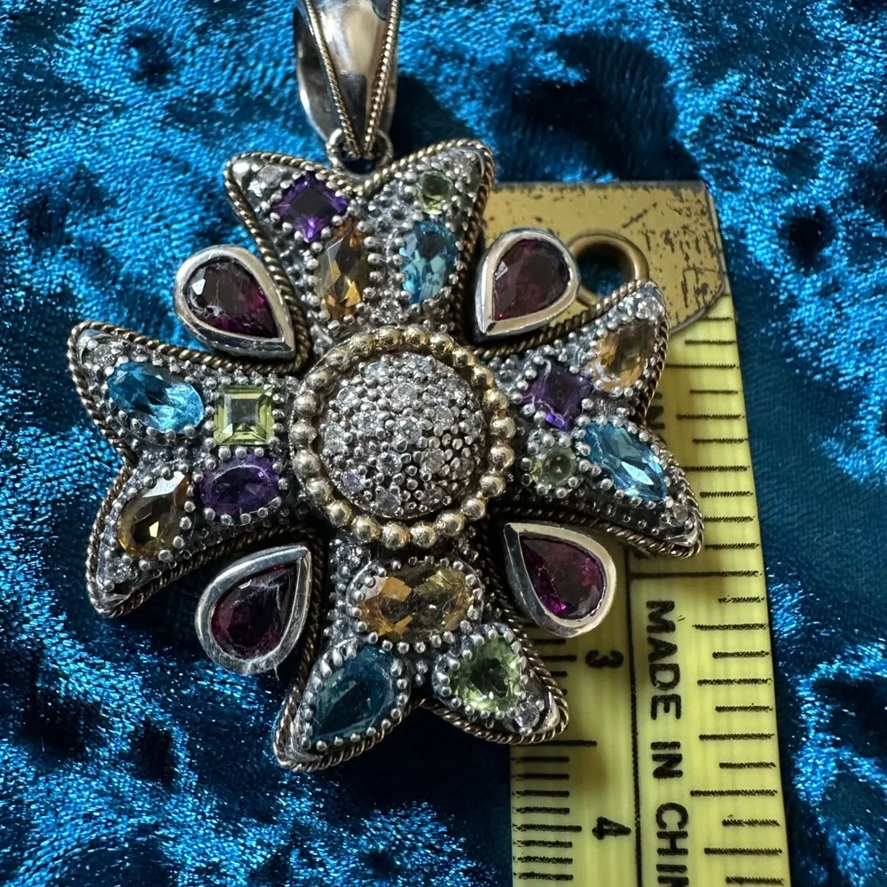 EFFY Sterling Silver and 18k Yellow Gold Multi Gemstone & Diamond Cross Pendant - Picture 9 of 12